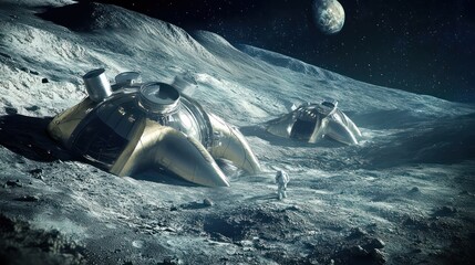 Two spaceships are on a planet with a moon in the background