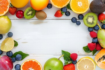 Banner with Flat lay of fruits over white wooden background, top view. Vegetarian, vegan, dieting, clean eating, weight loss ingredients. Summer fruit food background. Copy space