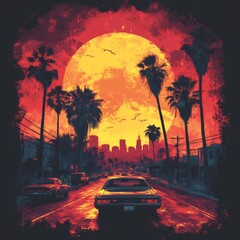 Poster - Sunset over a city skyline with palm trees and a vintage car.