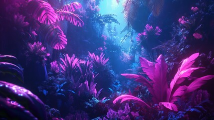 Alien jungle with bioluminescent plants