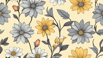 Sticker - base xl pretty gray theme flowers on light yellow background, egg mosaic style