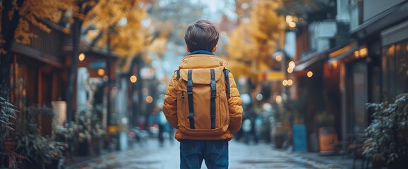 Boy with backpack exploring a beautiful autumnal street