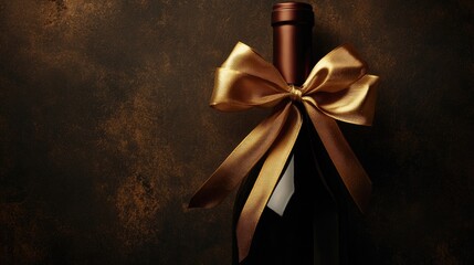 A gold ribbon tied around a wine bottle