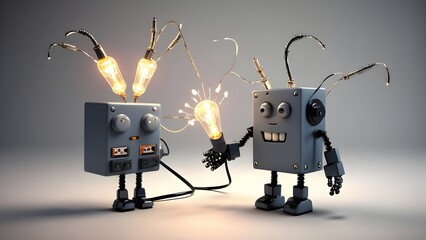 A boxy, robotic character with a plug head and wire arms that are constantly short-circuiting. His eyes are glowing light bulbs, and he has a slightly confused but friendly expression, with sparks.