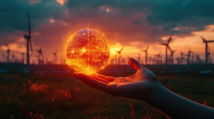 9. A detailed view of a hand holding a glowing orb, symbolizing renewable energy, with energy waves radiating outward and a futuristic landscape of solar farms and wind turbines behind it.