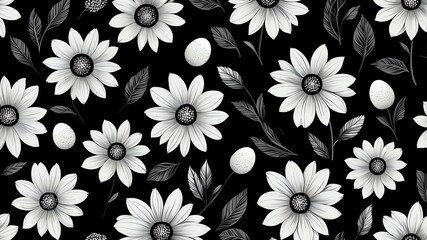 Wall Mural - base xl pretty black theme flowers on black background, egg mosaic style