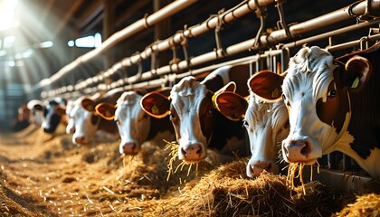 Wall Mural - Sunlit barn with cows grazing hay, showcasing the essence of dairy farming and agricultural life