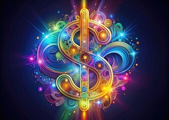 a colorful digital illustration of a currency symbol made up of intricate vectors, surrounded by swi