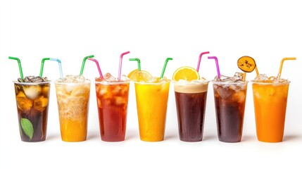 A collection of colorful takeaway drinks, featuring iced coffee, teas, and fresh juices in clear cups with straws, isolated on a white background