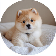 A round puppy with soft fur and little bell on its collar, exuding playful and adorable charm. This fluffy companion is sure to bring joy and warmth to any home