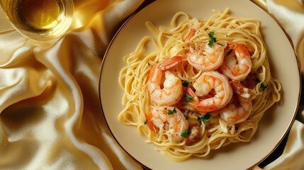 Wall Mural - A silk tablecloth with a plate of shrimp scampi and pasta.