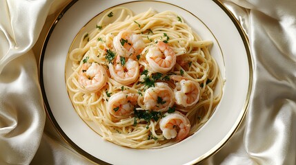 Wall Mural - A silk tablecloth with a plate of shrimp scampi and pasta.