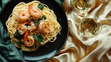 Wall Mural - A silk tablecloth with a plate of shrimp scampi and pasta.