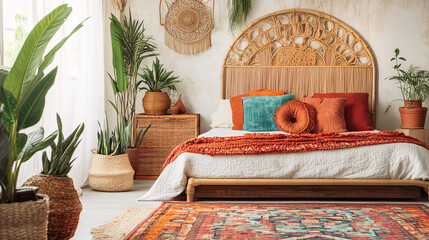 Wall Mural - A bright and eclectic Boho-chic bedroom featuring colorful throw pillows, a woven rug, potted plants, and a rattan headboard, surrounded by minimalist decor