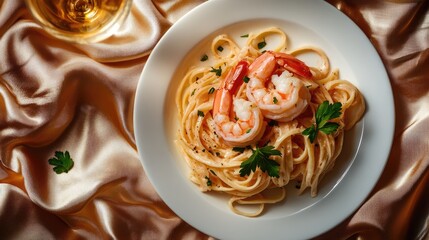 A silk tablecloth with a plate of shrimp scampi and pasta.