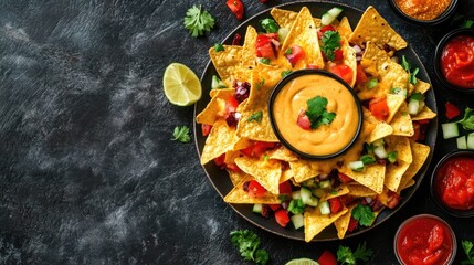 Wall Mural - A table with a plate of nachos and a cheese sauce.