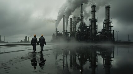 Two men walking by a factory with smoke from the chimneys