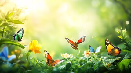 Sticker - Charming background with rare butterflies resting in soft sunlight 