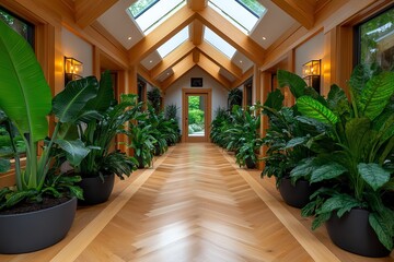 a hallway with natural wood accents, skylights, and an array of indoor plants lining the walls and f