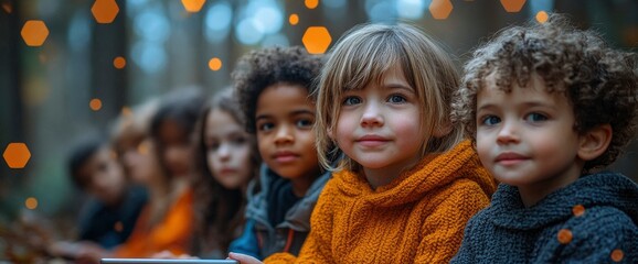 Group of Children Looking at Camera Outdoors in Forest with Bokeh Lights