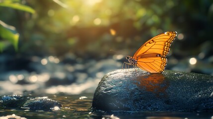 Sticker - beautiful orange butterfly on rock at creek in forest refreshing pure nature environmental reservation concept