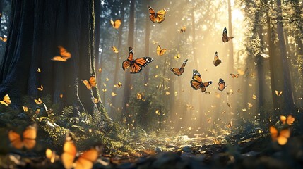 Wall Mural - a forest scene with many butterflies flying around
