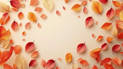 Wall Mural - Abstract scattering of vibrant autumn leaves on a flat beige backdrop.