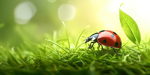 Wall Mural - Ladybug green leaf