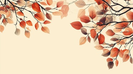 Wall Mural - Autumn leaves and branches forming an abstract composition on a solid cream background.