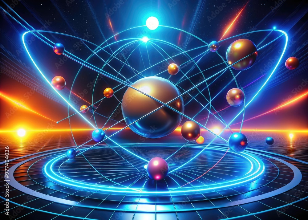 A futuristic, neon-lit 3D axis diagram rotating dynamically in space ...