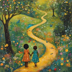 Poster - Two children walking hand in hand along a vibrant, flower-filled path.