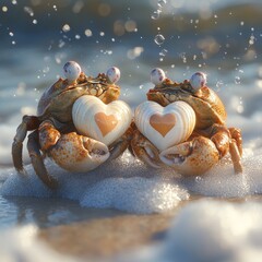 Wall Mural - Two crabs holding heart-shaped shells on a beach.