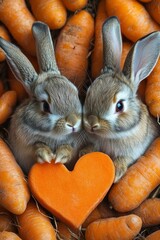 Canvas Print - Two cute rabbits holding an orange heart among carrots.