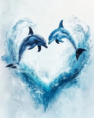 Wall Mural - Two dolphins creating a heart shape with splashing water.