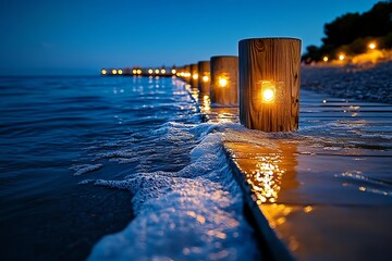 A quiet pier illuminated by moonlight, with soft waves lapping against the wooden posts