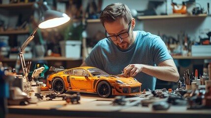 dedicated hobbyist meticulously assembling a detailed model car at their workshop table, emphasizing the satisfaction of hands-on projects