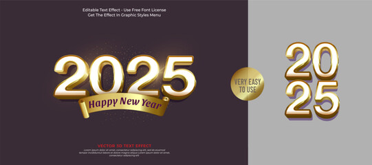 Happy new year 2025 with luxury gold text effect 3D style