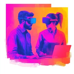 A modern workspace featuring two professionals using virtual reality headsets while working on a laptop against a vibrant backdrop.