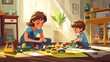 © NART_21 - Cartoon mother and child playing with toys on the floor, with ample copy space above.