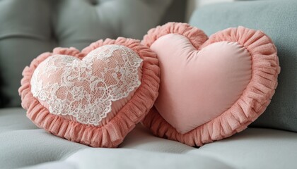 Two heart-shaped pillows in soft pink and lace on a couch.