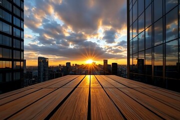 Wall Mural - A sunset over a city, with the golden hour light casting long shadows and reflecting off windows