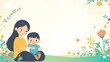 © SETSU 21 - Mother and child cartoon characters playing in the garden, with ample space for text on a simple background.
