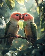 Wall Mural - Two lovebirds sharing a heart-shaped leaf in a lush setting.