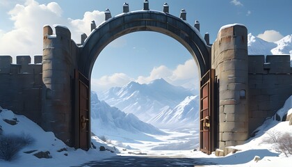 Wall Mural - Majestic fortress gate opening to a breathtaking snowy mountain landscape