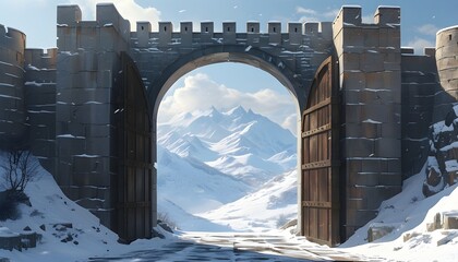 Poster - Majestic fortress gate opening to a breathtaking snowy mountain landscape