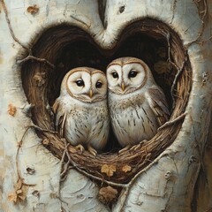 Canvas Print - Two owls nestled in a heart-shaped tree hollow.