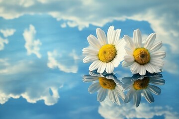 camomile daisy flowers on mirror surface with blue sky reflected in it 