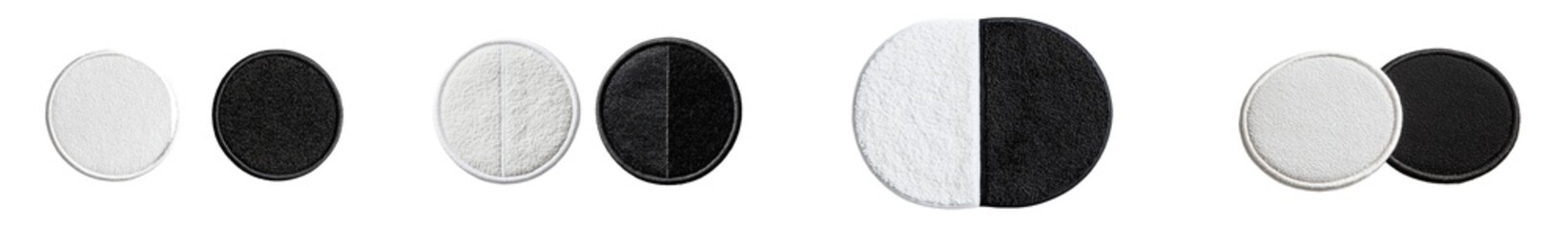 mockup of black and white embroidered round patches, top view