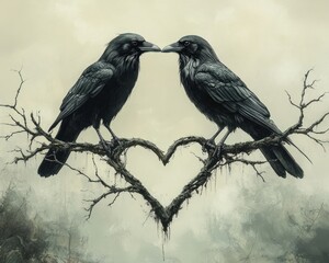 Canvas Print - Two ravens perched on a heart-shaped branch in a misty landscape.