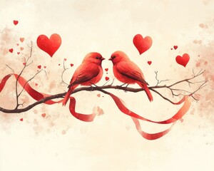 Wall Mural - Two red birds on a branch with hearts and ribbons, symbolizing love.